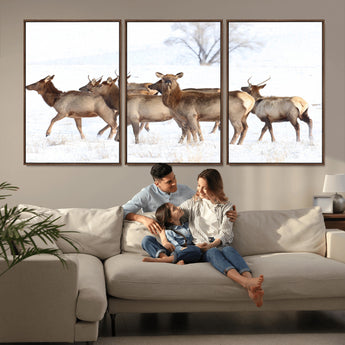 41416314-MGV-CV-36X24-Elk Wall Art – Wildlife Herd Canvas Print in Snowy Landscape, Rustic Nature Painting, Western Cabin Lodge Decor for Living Room,