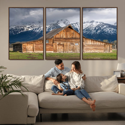 15173627-MGV-CV-36X24-Barn Wall Art – Rustic Wooden Cabin Canvas Print with Snowy Mountain Landscape, Western Farmhouse Country Decor for Living Room,