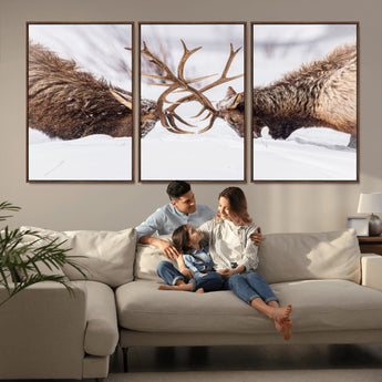 99240306-MGV-CV-36X24-Elk Wall Art – Two Bull Elk Fighting in Snow Canvas Print, Rustic Wildlife Artwork for Cabin, Lodge, Western Farmhouse, Nature &