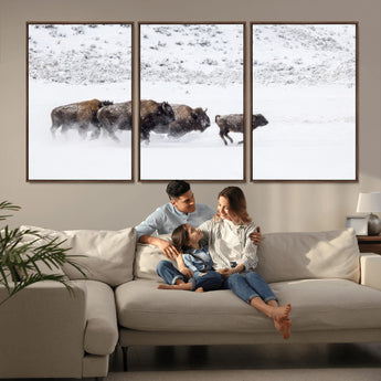 61161423-MGV-CV-36X24-Running Bison Herd Wall Art – Winter Buffalo Canvas Print, Wildlife Photography Decor for Rustic Living Room, Farmhouse, Lodge,