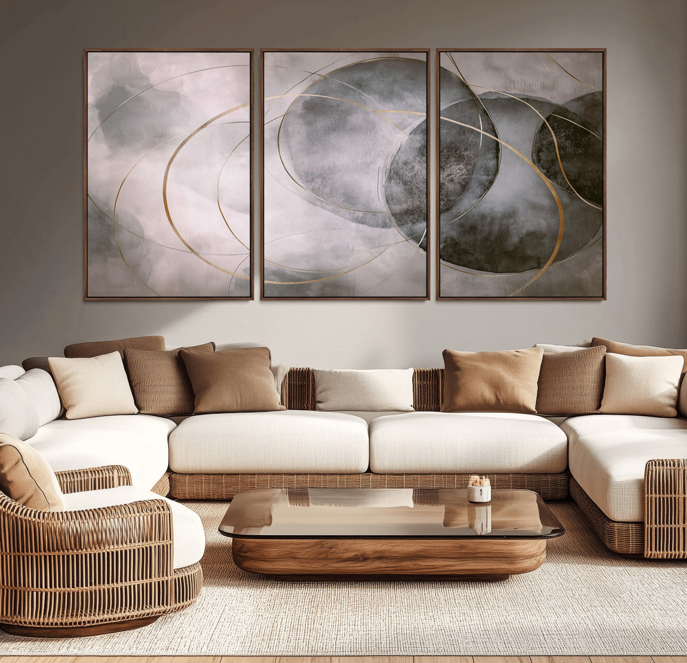 20066876-MGV-CV-36X24-Neutral Abstract Circle Wall Art – Modern Gray Beige Gold Canvas Print, Minimalist Geometric Painting for Bedroom, Living Room,