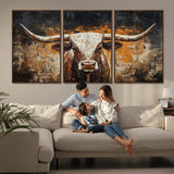 25265572-MGV-CV-36X24-Longhorn Bull Wall Art – Rustic Western Texas Steer Canvas Print, Textured Animal Painting for Home, Office, Man Cave or Farmhouse