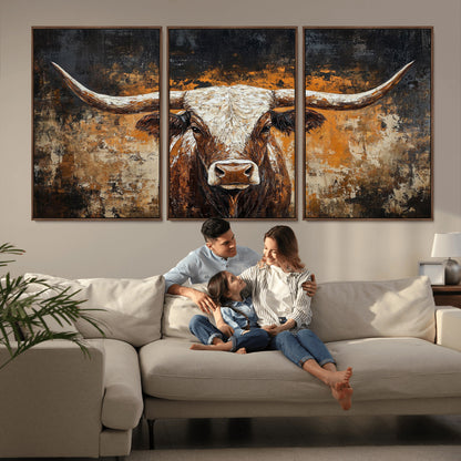 25265572-MGV-CV-36X24-Longhorn Bull Wall Art – Rustic Western Texas Steer Canvas Print, Textured Animal Painting for Home, Office, Man Cave or Farmhouse