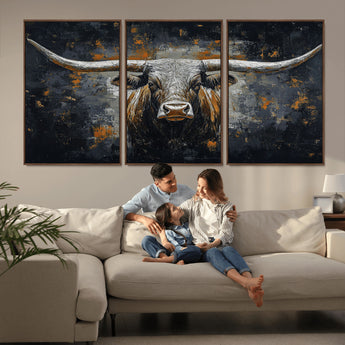 93195031-MGV-CV-36X24-Dark Longhorn Bull Wall Art – Western Steer Canvas Print, Moody Rustic Animal Painting for Man Cave, Ranch House, Office or Modern