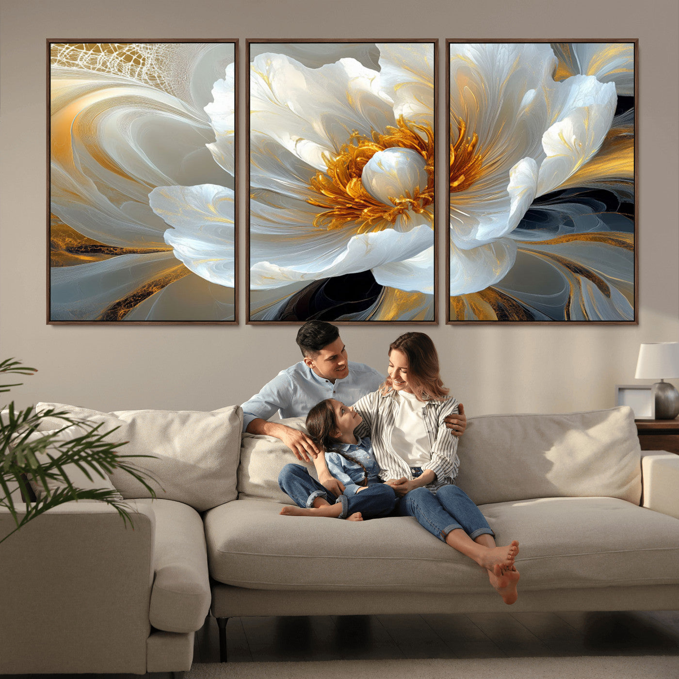 39604126-MGV-CV-36X24-Abstract Flower Wall Art – Elegant White and Gold Bloom Canvas Print, Modern Floral Artwork for Bedroom, Living Room, or Office
