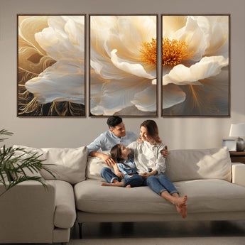 29539087-MGV-CV-36X24-Floral Wall Art – Elegant White and Gold Bloom Canvas Print, Romantic Modern Flower Artwork for Bedroom, Living Room, or Office