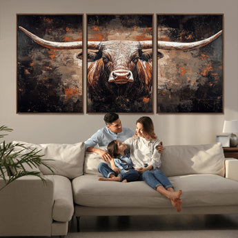 24779067-MGV-CV-36X24-Longhorn Bull Wall Art – Western Rustic Canvas Print, Bold Cowboy Cattle Painting for Ranch House, Farmhouse, Office, or Living