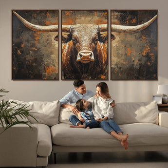 19204445-MGV-CV-36X24-Texas Longhorn Bull Wall Art – Rustic Western Canvas Print, Bold Cowboy Cattle Painting for Ranch House, Farmhouse, Office, or