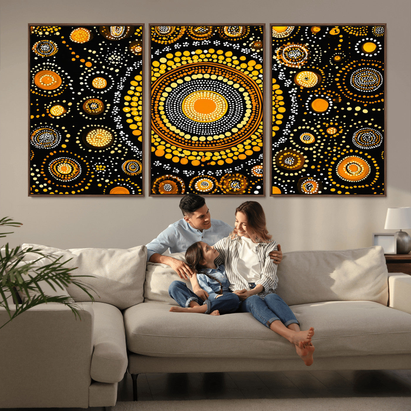 45478523-MGV-CV-36X24-Abstract Circle Wall Art – Bold Black and Gold Dot Painting Canvas Print, Modern Geometric Mandala Style Decor for Living Room or