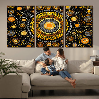 45478523-MGV-CV-36X24-Abstract Circle Wall Art – Bold Black and Gold Dot Painting Canvas Print, Modern Geometric Mandala Style Decor for Living Room or