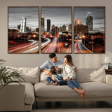 59097239-MGV-CV-36X24-City Skyline Wall Art – Modern Black and White Night Canvas Print with Red Light Trails, Urban Landscape Decor for Living Room or