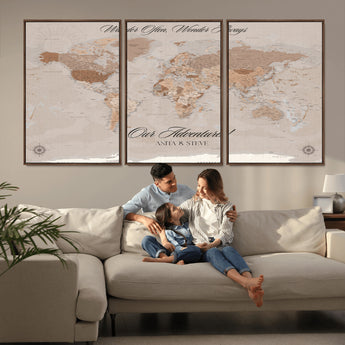 95243244-MGV-CV-36X24-Wander Often Wonder Always World Map Wall Art – Neutral Beige Adventure Canvas Print, Rustic Boho Travel Decor for Bedroom, Living