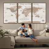 63516865-MGV-CV-36X24-Explore Dream Discover World Map Wall Art – Inspirational Travel Adventure Canvas Print, Neutral Parchment Style Explorer Decor