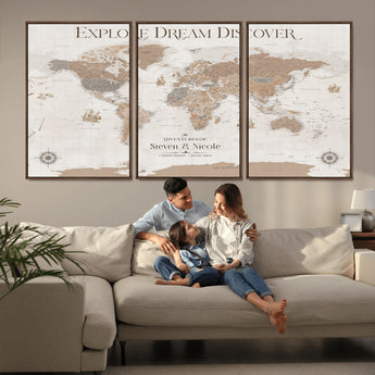 63516865-MGV-CV-36X24-Explore Dream Discover World Map Wall Art – Inspirational Travel Adventure Canvas Print, Neutral Parchment Style Explorer Decor