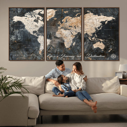 37848568-MGV-CV-36X24-Life is a Journey Not a Destination World Map Rustic Wood Texture Vintage Beige Navy Adventure Wall Art Canvas Print for Home