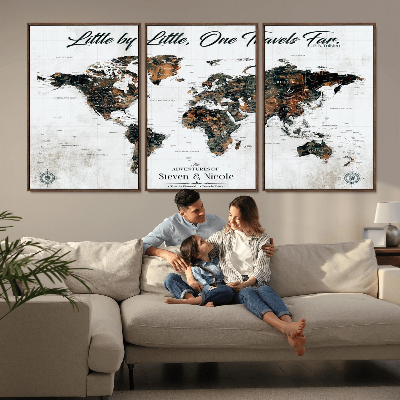88337180-MGV-CV-36X24-Little by Little One Travels Far Tolkien Quote World Map Rustic Black Brown Adventure Wall Art Canvas Print for Home Office Living
