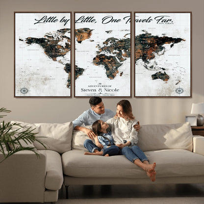 88337180-MGV-CV-36X24-Little by Little One Travels Far Tolkien Quote World Map Rustic Black Brown Adventure Wall Art Canvas Print for Home Office Living