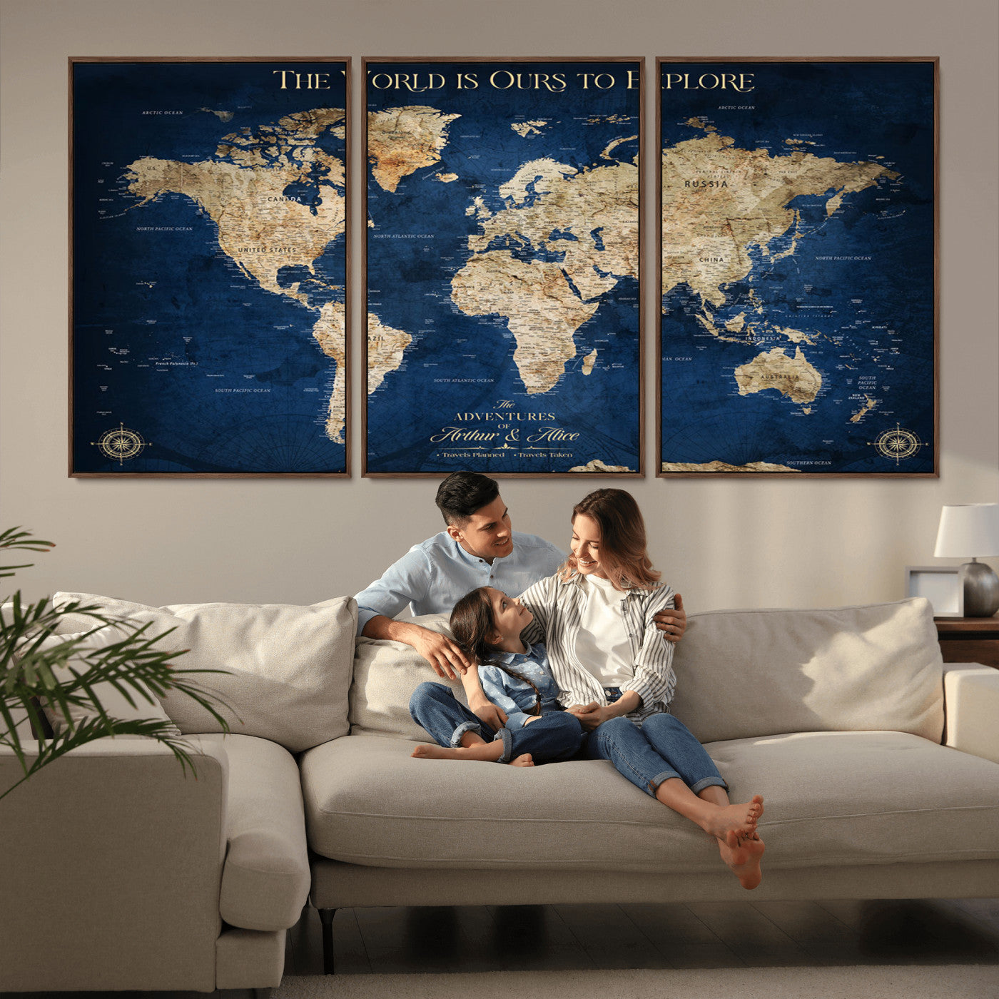 54782997-MGV-CV-36X24-The World is Ours to Explore Wall Art – Blue World Map Canvas Print, Adventure Travel Decor for Home, Office or Living Room,