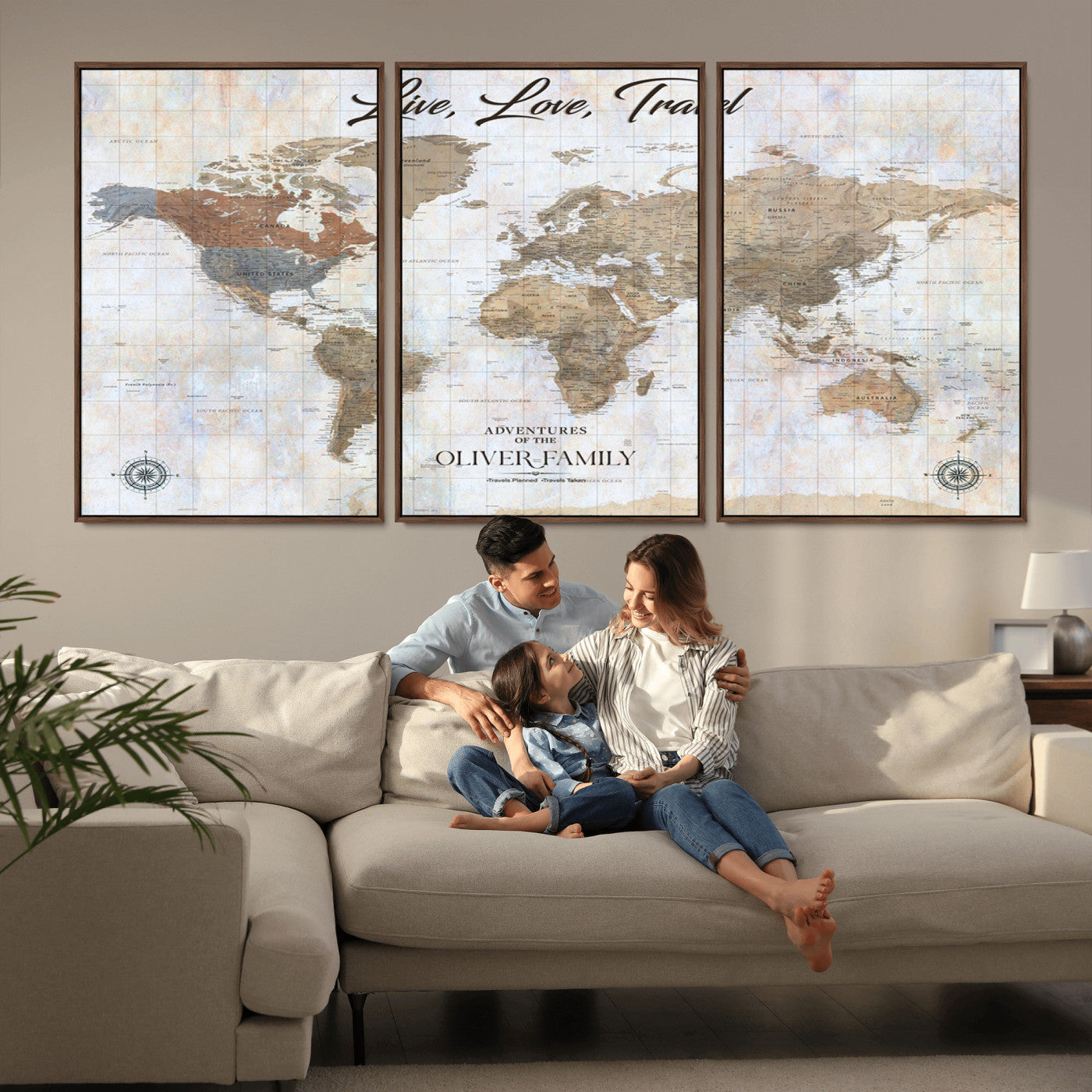 43924907-MGV-CV-36X24-Live Love Travel Wall Art – Neutral World Map Canvas Print, Rustic Adventure Decor for Home, Office or Living Room, Unique Gift