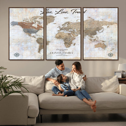43924907-MGV-CV-36X24-Live Love Travel Wall Art – Neutral World Map Canvas Print, Rustic Adventure Decor for Home, Office or Living Room, Unique Gift