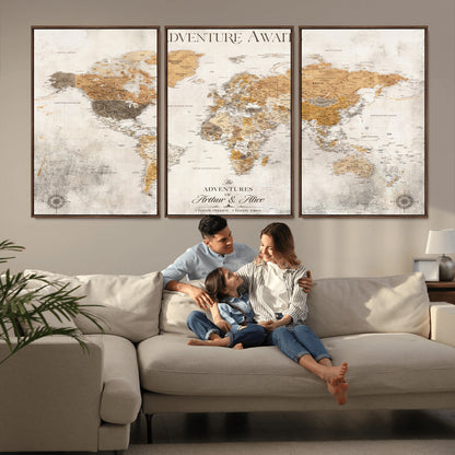 99422096-MGV-CV-36X24-Adventure Awaits World Map Wall Art – Neutral Beige Canvas Print, Modern Travel Inspired Wall Decor for Living Room, Bedroom or