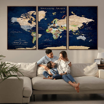 43160428-MGV-CV-36X24-Adventure Awaits Navy Blue World Map – Vibrant Travel Canvas Wall Art, Antique Atlas Print, Wanderlust Decor for Home Office