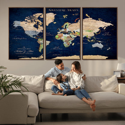 43160428-MGV-CV-36X24-Adventure Awaits Navy Blue World Map – Vibrant Travel Canvas Wall Art, Antique Atlas Print, Wanderlust Decor for Home Office