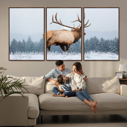 85177251-MGV-CV-36X24-Elk Wall Art – Majestic Wildlife Canvas Print of Bull Elk Snowy Forest, Rustic Nature Decor for Living Room, Cabin, or Office