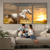 44295212-MGV-FC-60X30-3P_Walnut-Horse Wall Art – Running White Stallion Canvas Print with Sunset Background, Western Wildlife Decor for Living Room, Office, or