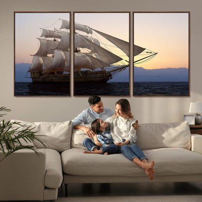 31270610-MGV-CV-36X24-Sailing Ship Wall Art – Sunset Seascape Canvas Print with Tall Ship at Sea, Nautical Ocean Decor for Living Room, Office, or