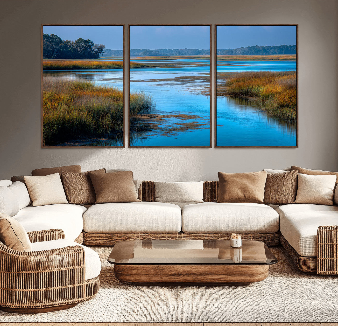 26300004-MGV-CV-36X24-Tranquil Marshland Canvas Wall Art – Blue Water, Reflective Sky, Golden Grasses, Calm Nature Landscape, Scenic Outdoor Beauty for
