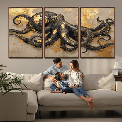57944271-MGV-CV-36X24-Octopus Wall Art – Black and Gold Nautical Canvas Print, Modern Ocean Inspired Artwork with Elegant Detailing, Coastal Marine
