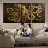 56769669-MGV-CV-36X24-Octopus Wall Art – Gold Nautical Canvas Print with Rustic Wood Panel Design, Detailed Marine Artwork for Coastal Ocean Decoration