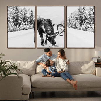 38956835-MGV-CV-36X24-Moose Wall Art – Black and White Wildlife Canvas Print with Snowy Forest Road, Rustic Nature Photography for Cabin, Lodge, Living