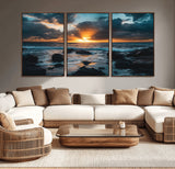 66040852-MGV-CV-36X24-Ocean Sunset Canvas Wall Art – Rocky Shore Waves, Dramatic Clouds, Golden Sun Rays, Coastal Nature, Serene Water Reflection for