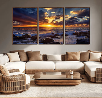 35900590-MGV-CV-36X24-Sunset Ocean Waves Canvas Wall Art – Rocky Shore, Dramatic Sky, Golden Sun Rays, Coastal Beauty, Serene Water Motion for Living