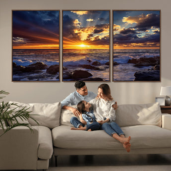 35900590-MGV-CV-36X24-Ocean Sunset Wall Art – Vivid Seascape Canvas Print with Sunburst Sky, Crashing Waves and Rocky Shore, Dramatic Coastal