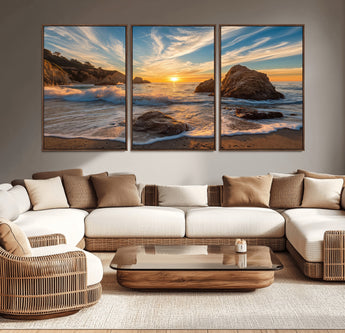 85659923-MGV-CV-36X24-Rocky Ocean Sunset Canvas Wall Art – Seaside Dramatic Seascape Print, Coastal Modern Decor, Ocean Sunset Art for Living Room or