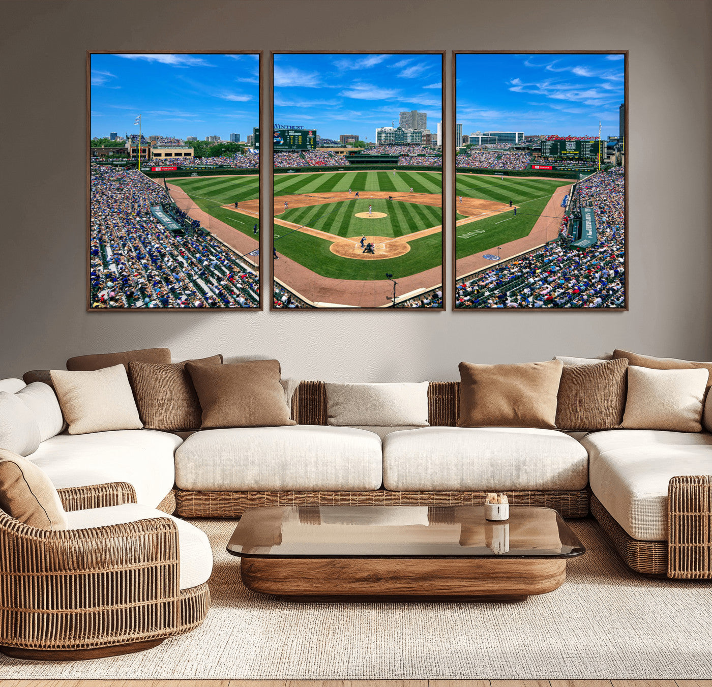 56213978-MGV-CV-36X24-Wrigley Field Baseball Stadium Canvas Wall Art – Packed Crowd Sports Stadium Print, City Skyline Baseball Field Canvas for Game