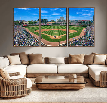 56213978-MGV-CV-36X24-Wrigley Field Baseball Stadium Canvas Wall Art – Packed Crowd Sports Stadium Print, City Skyline Baseball Field Canvas for Game