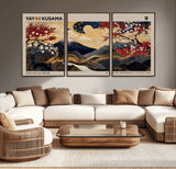 66892669-MGV-CV-36X24-Yayoi Kusama Japanese Inspired Canvas Print – Mt. Fuji & Floral Scene Wall Art, Framed Asian Style Canvas for Home, Office or