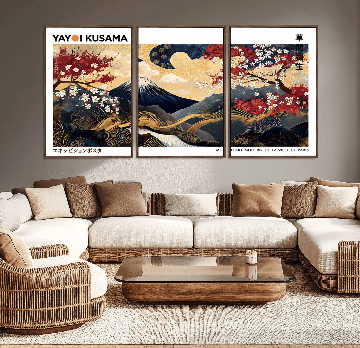 28945903-MGV-CV-36X24-Yayoi Kusama Inspired Japanese Art Canvas Print – Framed Floral & Mt. Fuji Wall Decor, Modern Asian Style Canvas for Home, Office,