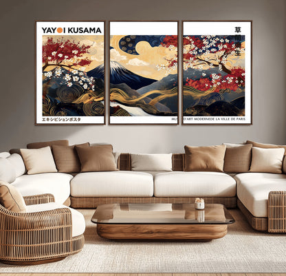 28945903-MGV-CV-36X24-Yayoi Kusama Inspired Japanese Art Canvas Print – Framed Floral & Mt. Fuji Wall Decor, Modern Asian Style Canvas for Home, Office,