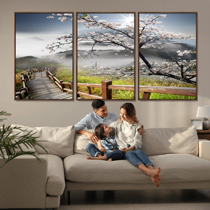 34632598CRY-MGV-CV-36X24-Cherry Blossom Wall Art – Scenic Asian Landscape Canvas Print with Wooden Walkway, Misty Mountains and Sunrise, Serene Nature