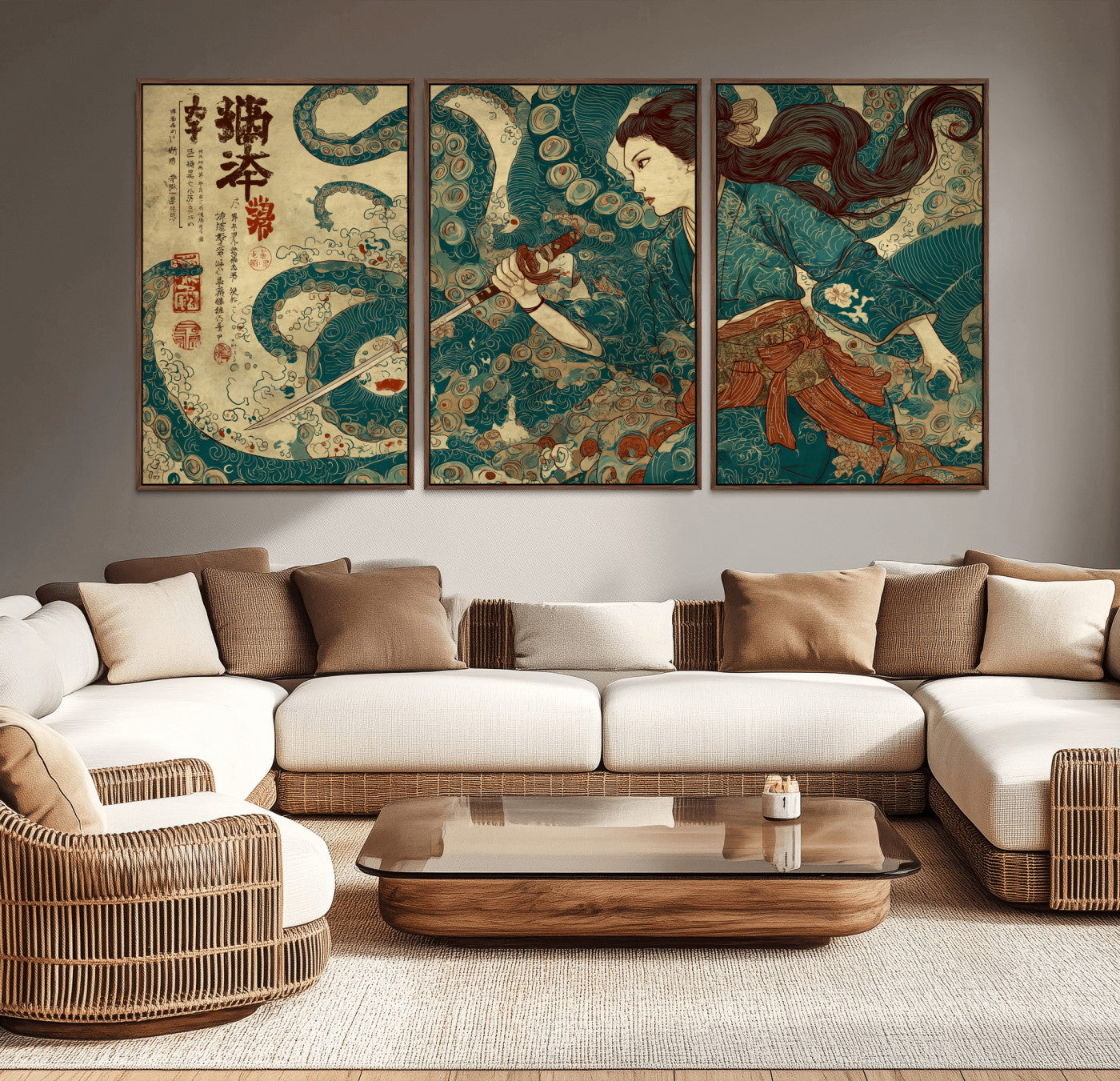46837670-MGV-CV-36X24-Tsukioka Yoshitoshi Samurai Wall Art Print, Japanese Katana Warrior Canvas Wall Art, Octopus Sea Monster Canvas Print,