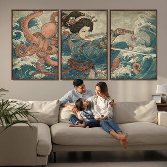52037775-MGV-CV-36X24-Samurai Woman Wall Art – Japanese Ukiyo e Style Canvas Print with Katana, Ocean Waves and Octopus, Traditional Asian Inspired