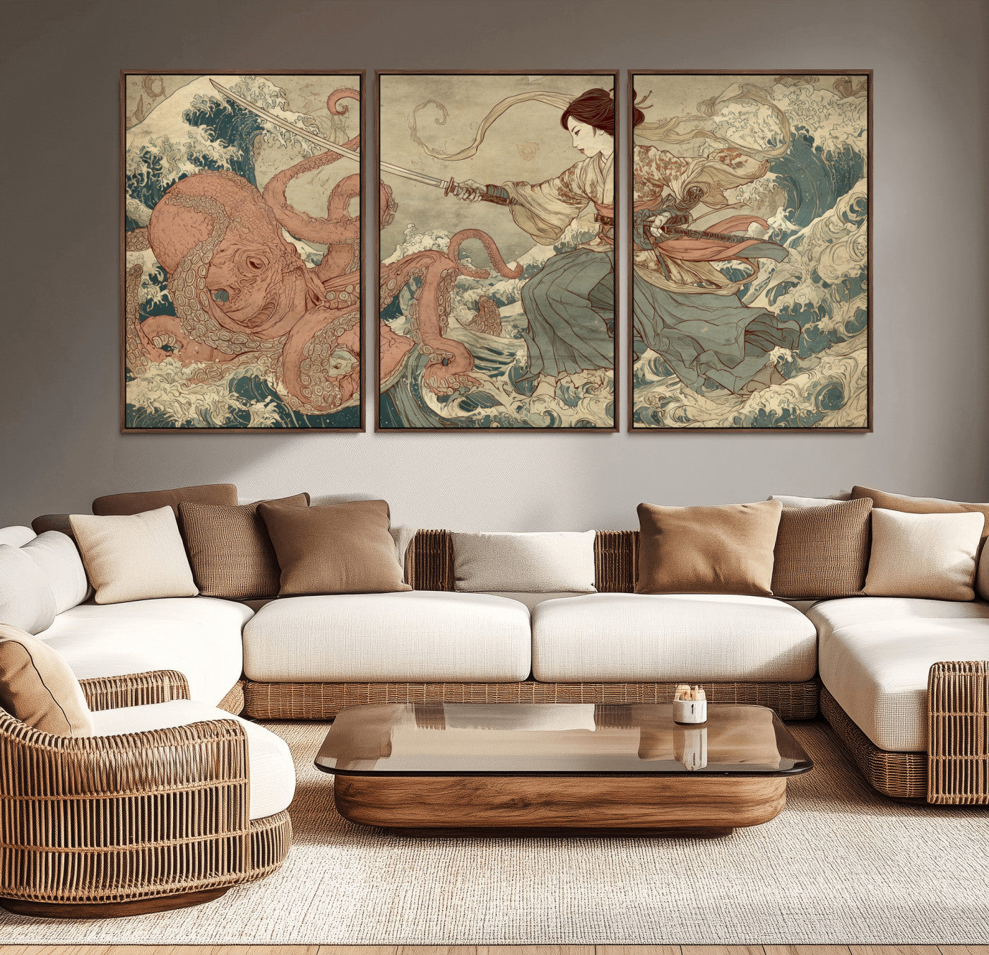 54879547-MGV-CV-36X24-Tsukioka Yoshitoshi Samurai Wall Art Print, Japanese Katana Warrior Canvas Wall Art, Octopus Sea Monster Canvas Print,