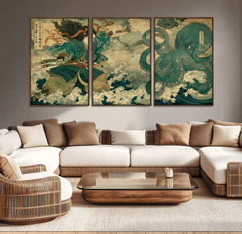 24416422-MGV-CV-36X24-Tsukioka Yoshitoshi Samurai Wall Art Print, Japanese Katana Warrior Canvas Wall Art, Octopus Sea Monster Canvas Print,