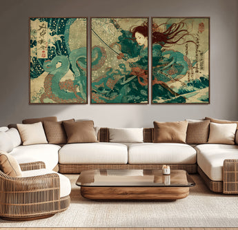 86918027-MGV-CV-36X24-Tsukioka Yoshitoshi Samurai Wall Art Print, Japanese Katana Warrior Canvas Wall Art, Octopus Sea Monster Canvas Print,