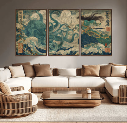 60346622-MGV-CV-36X24-Tsukioka Yoshitoshi Samurai Wall Art Print, Japanese Katana Warrior Canvas Wall Art, Octopus Sea Monster Canvas Print,